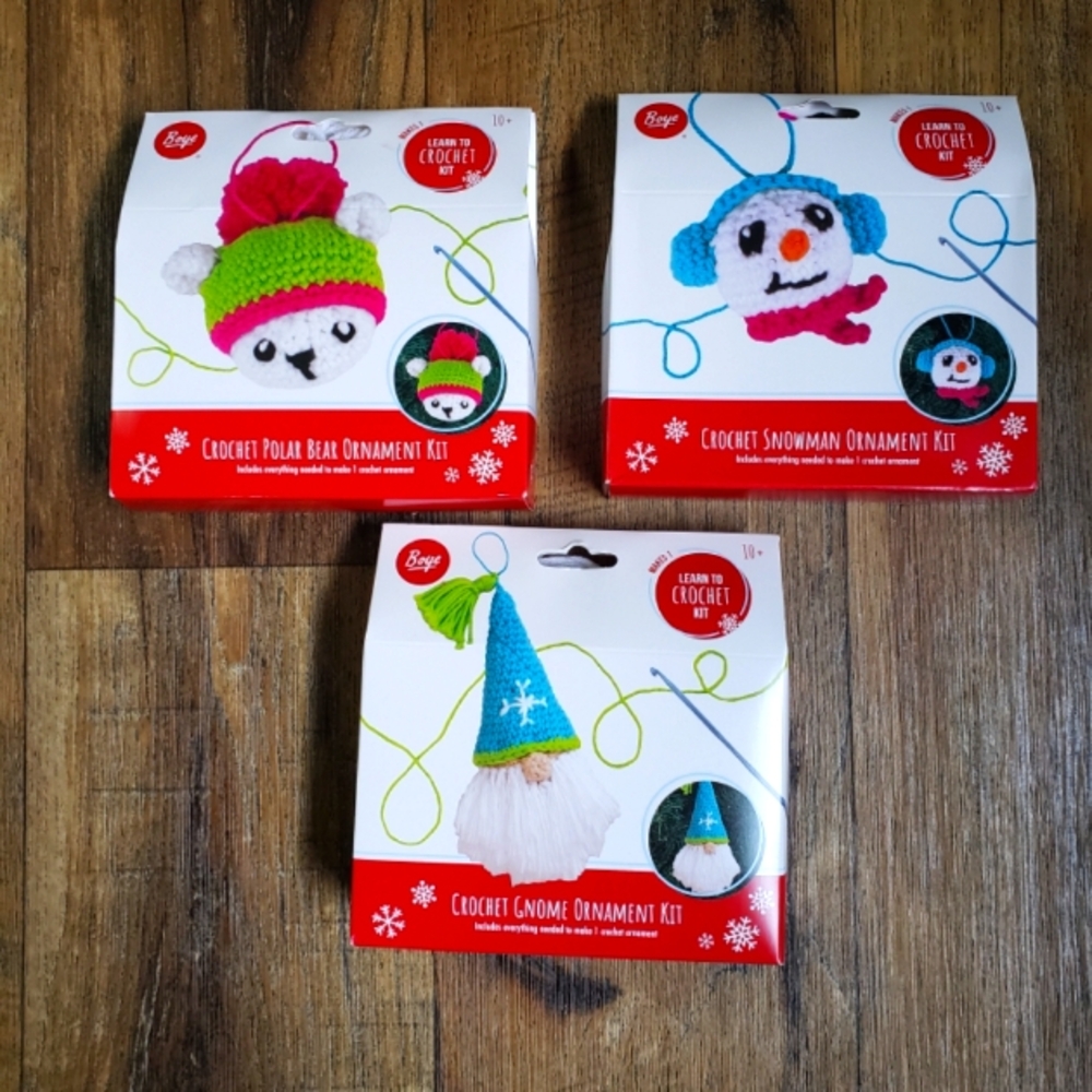 Boye Learn To Crochet Ornament Kit Set - Polar Bear, Snowman, Gnome